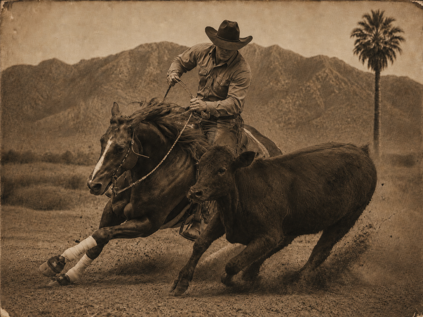 Vintage sepia cow horse action scene with rider, horse, and cow in motion